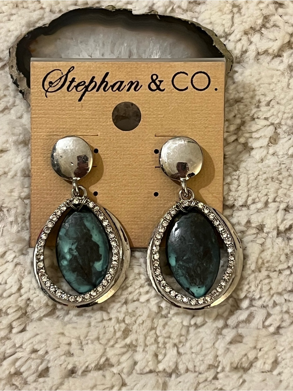 Teal Marbled Stone Drop Earrings with Crystal Halo